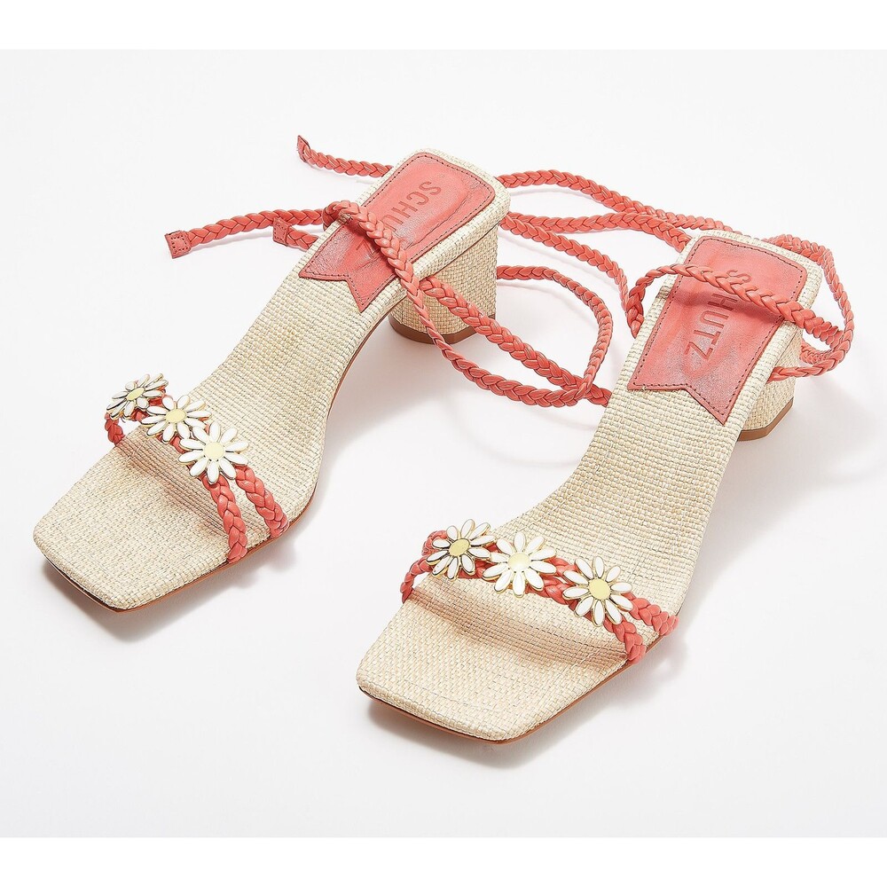 New Schutz Womens Hina Coral Mid Heel Square Toe Sandals Size 11 Flowers
